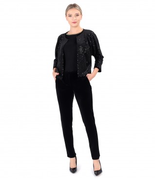 Tinuta de ocazie cu bolero din paiete si pantaloni din catifea elastica
