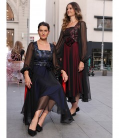 Rochie de seara midi cu bust din brocard cu fir metalic